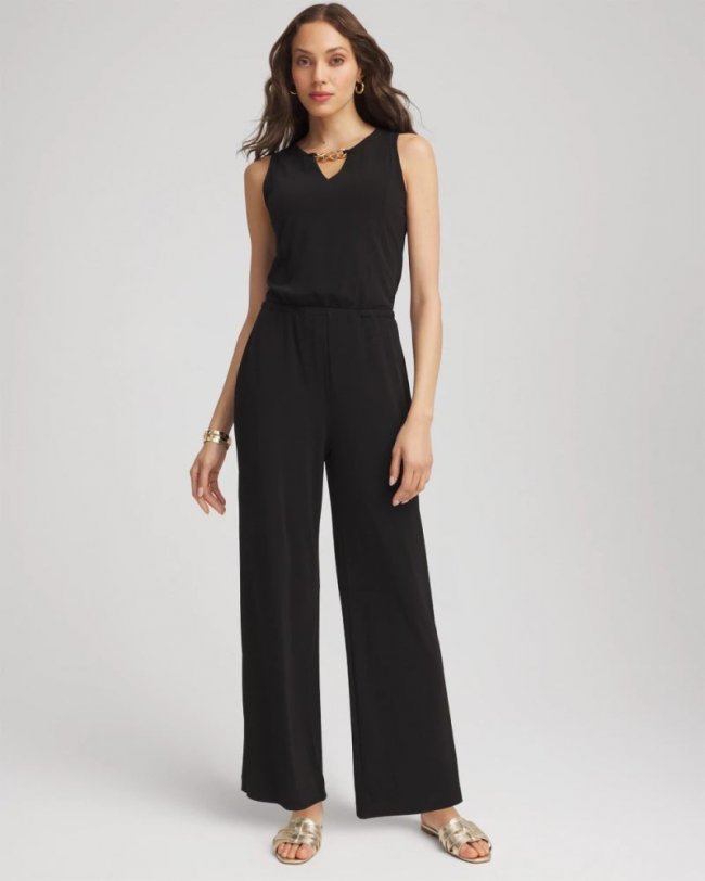 Chicos Travelers™ Jersey Knit Chain-Trim Jumpsuit - BLACK