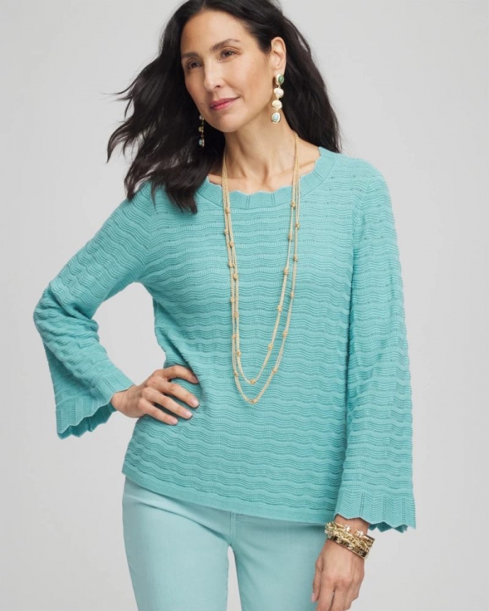 Chicos Pointelle Scalloped Hem Flare Sleeve Pullover - AQUATIC TEAL