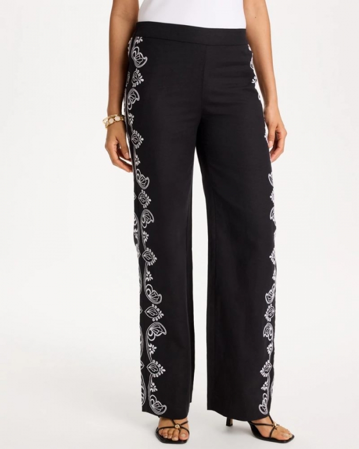 Chicos Embroidered Pull-On Wide-Leg Linen Pants - BLACK