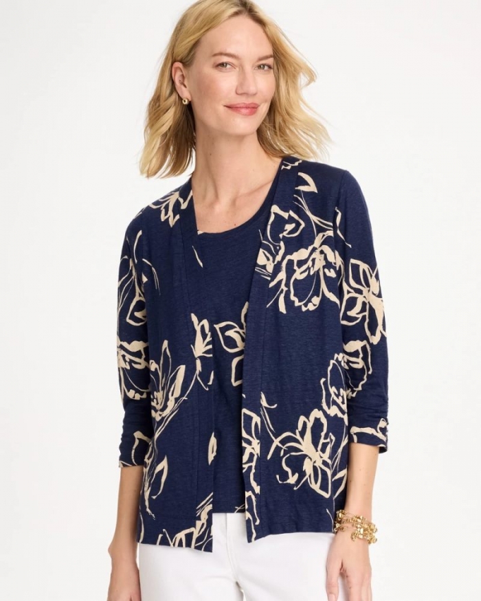 Chicos Floral Linen Open Front Cardigan - PASSPORT BLUE