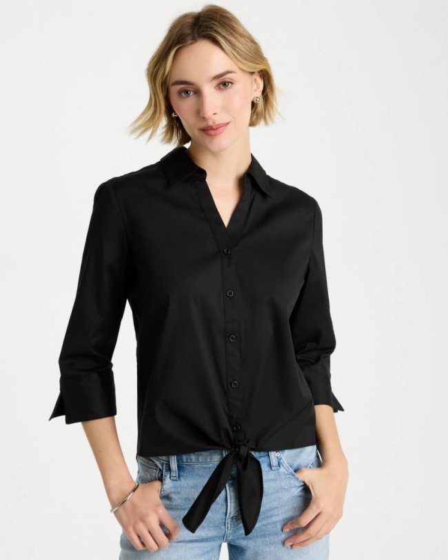 Chicos Poplin Cotton Tie-Front Top - BLACK