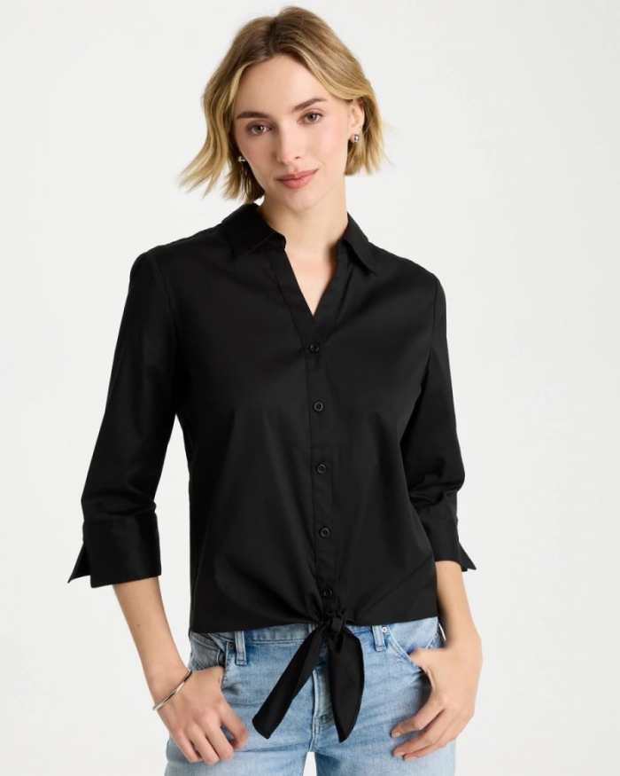 Chicos Poplin Cotton Tie-Front Top - BLACK