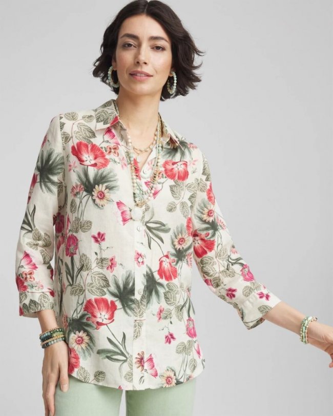 Chicos No Iron Garden Floral Linen Shirt - RIVER ROCK