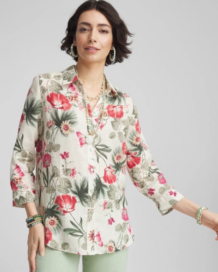 Chicos No Iron Garden Floral Linen Shirt - RIVER ROCK