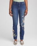 Chicos Appliqué Girlfriend Slim Ankle Jeans - DRAGON ROAD INDIGO