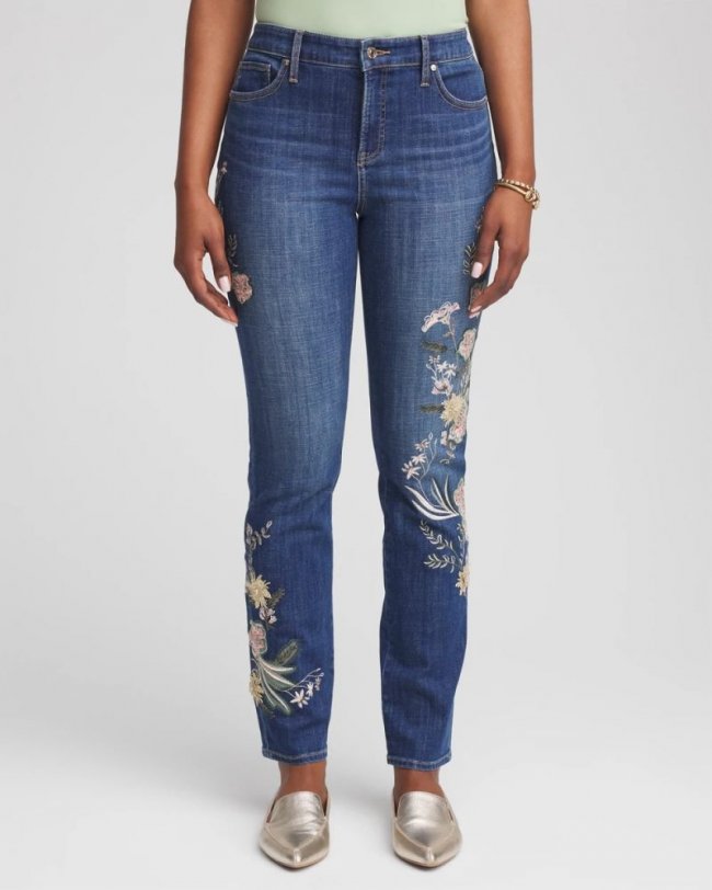 Chicos Appliqué Girlfriend Slim Ankle Jeans - DRAGON ROAD INDIGO
