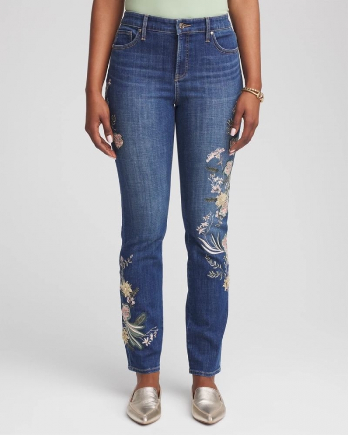 Chicos Appliqué Girlfriend Slim Ankle Jeans - DRAGON ROAD INDIGO