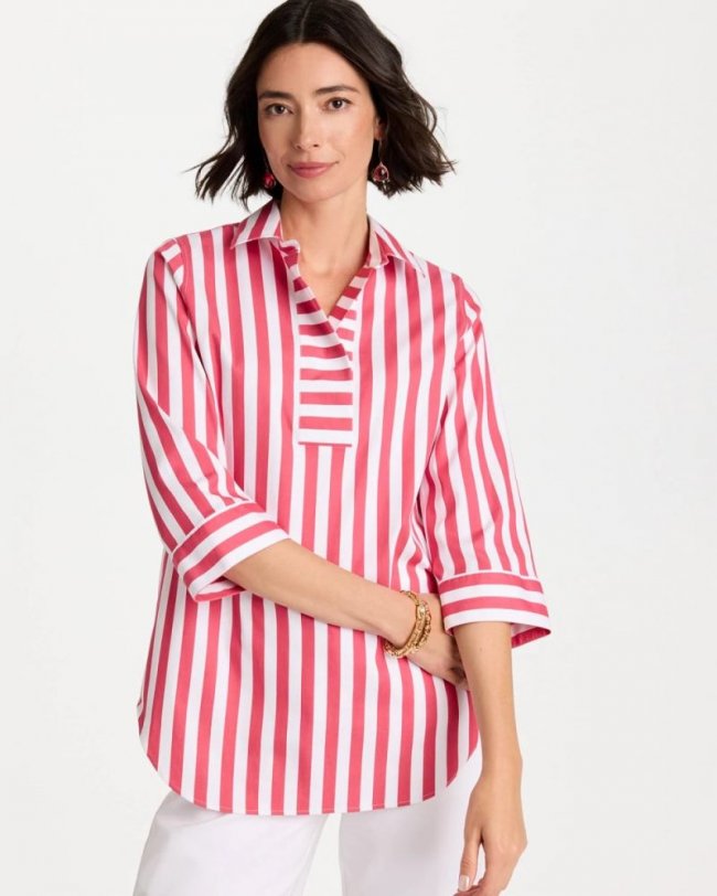 Chicos No Iron Striped Stretch Tunic - HOT HONEYSUCKLE