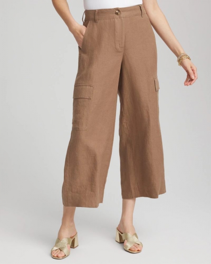 Chicos Linen Cargo Wide-Leg Cropped Pants - TEAKWOOD