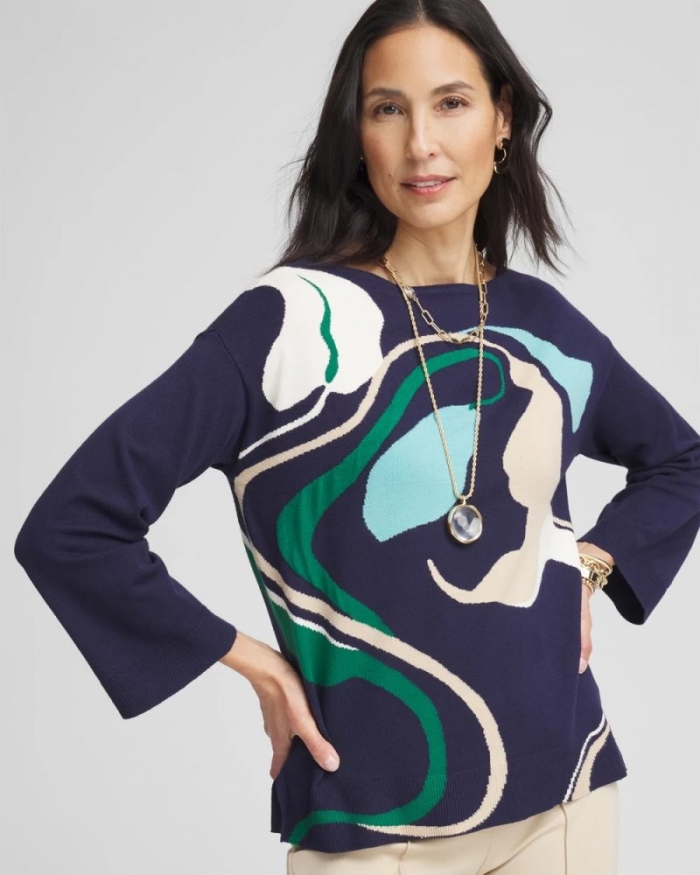 Chicos Wildflower Intarsia Pullover - PASSPORT BLUE