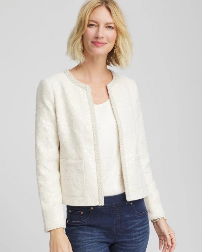 Chicos Pearl Trim Tweed Jacket - ENGLISH CREAM