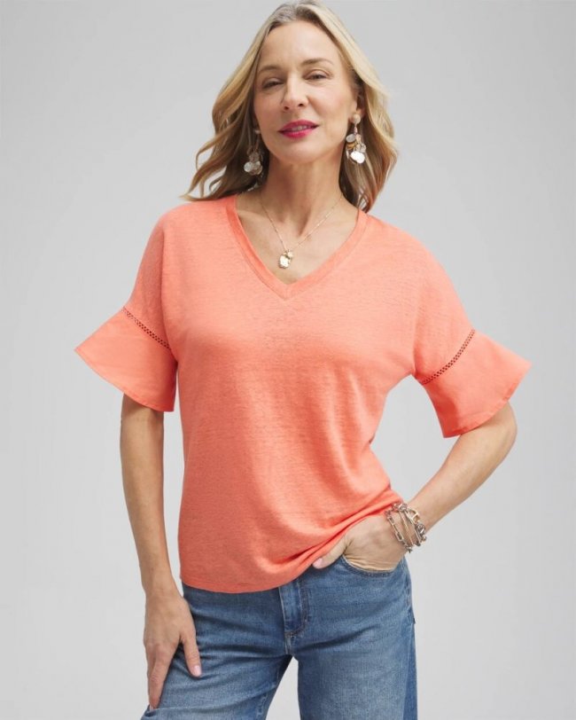 Chicos Linen Blend Flutter Sleeve Top - NECTARINE