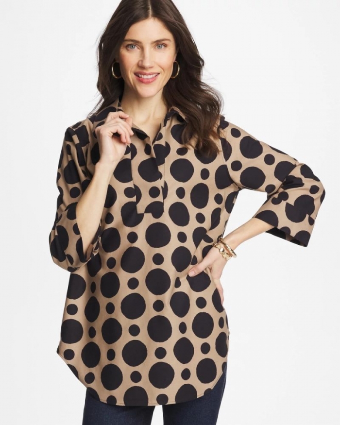 Chicos No Iron Stretch Global Dots Popover Tunic - CATTAIL BROWN