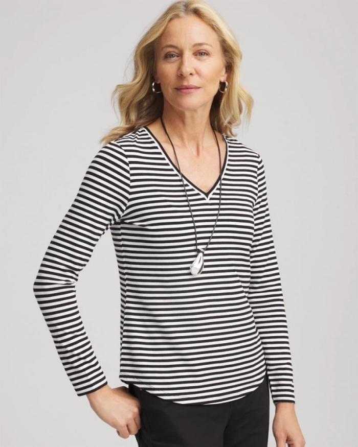 Chicos Striped V-Neck Layering Tee - BLACK