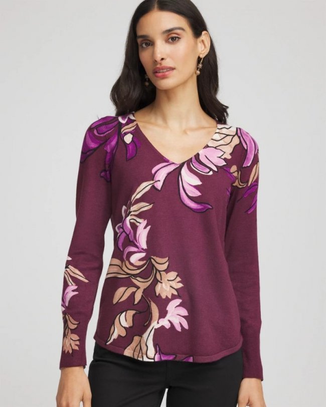 Chicos Ella V-Neck Artisanal Pullover Sweater - DEEP CHIANTI