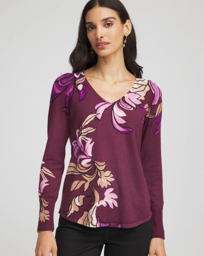 Chicos Ella V-Neck Artisanal Pullover Sweater - DEEP CHIANTI