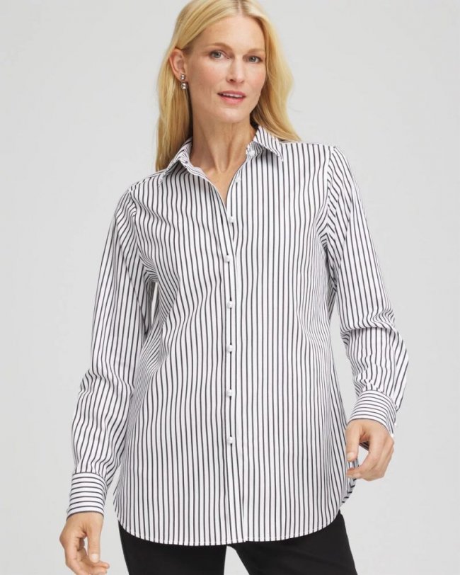 Chicos No Iron Lurex Striped Shirt - OPTIC WHITE