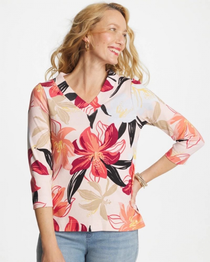 Chicos Pima Cotton 3/4 Sleeve Tee - FOLKLORIC RED