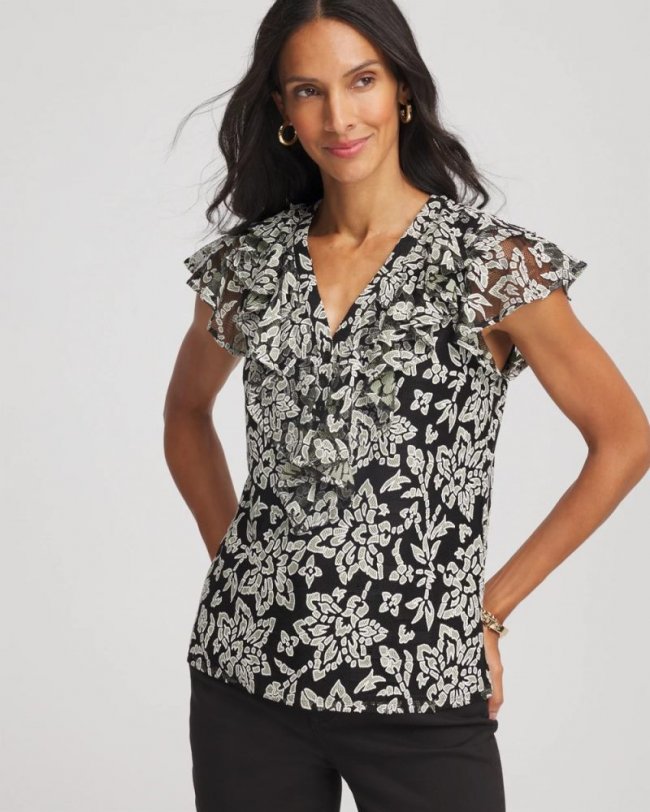 Chicos Lace Floral-Burnout Henley Tee - BLACK