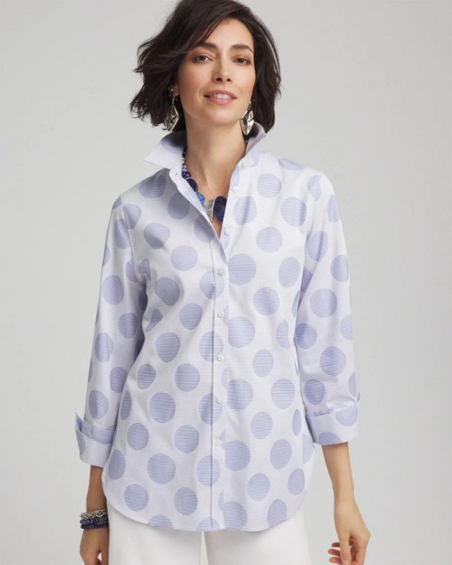 Chicos No Iron Polka-Dot Stretch Sateen Shirt - BLUE PEARL