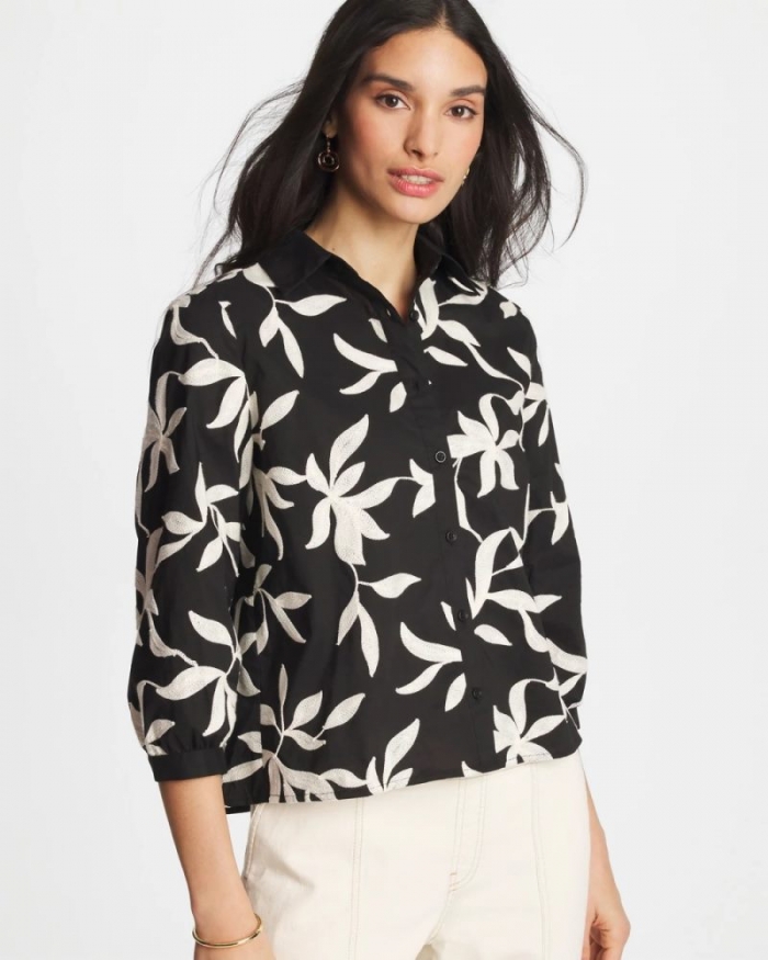 Chicos Embroidered Cropped Collared Shirt - BLACK