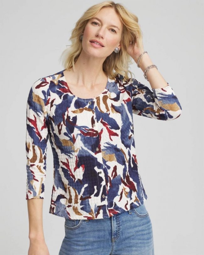Chicos Printed Textured Scoopneck Cardigan - ECRU
