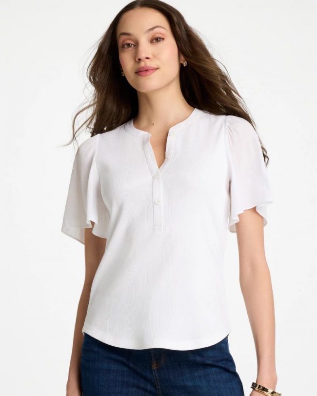 Chicos Rib Knit Woven Flutter Sleeve Tee - ALABASTER
