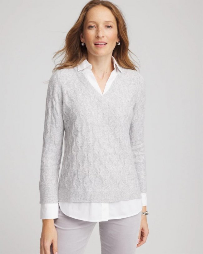 Chicos Classic Built-In Shirt Knit Sweater - CLASSIC GRAY