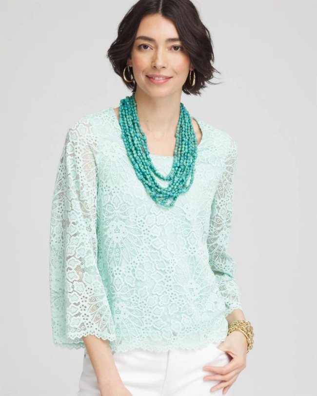 Chicos Scalloped Hem Lace Top - TEAL WATERS