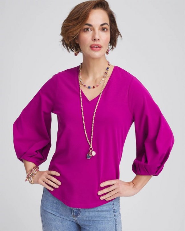 Chicos Cotton Tuck Sleeve Tee - PURPLE CLOVER