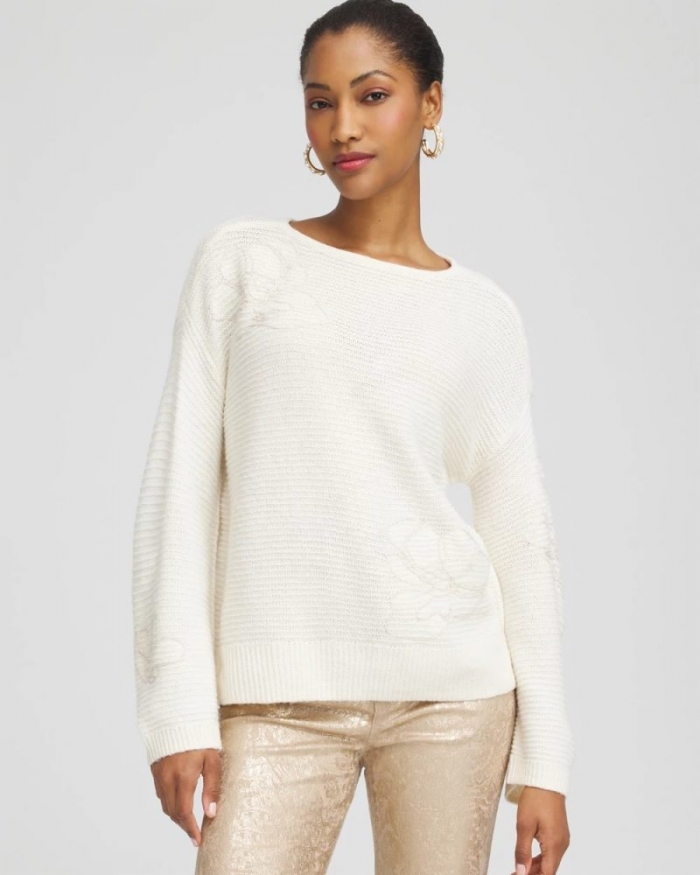 Chicos Tonal Embroidered Boatneck Pullover Sweater - ENGLISH CREAM