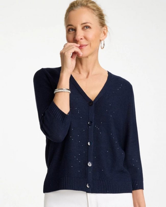 Chicos Stitchy Sequin V-Neck Cardigan - PASSPORT BLUE Chicos Stitchy Sequin V-Neck Cardigan - PASSPORT BLUE