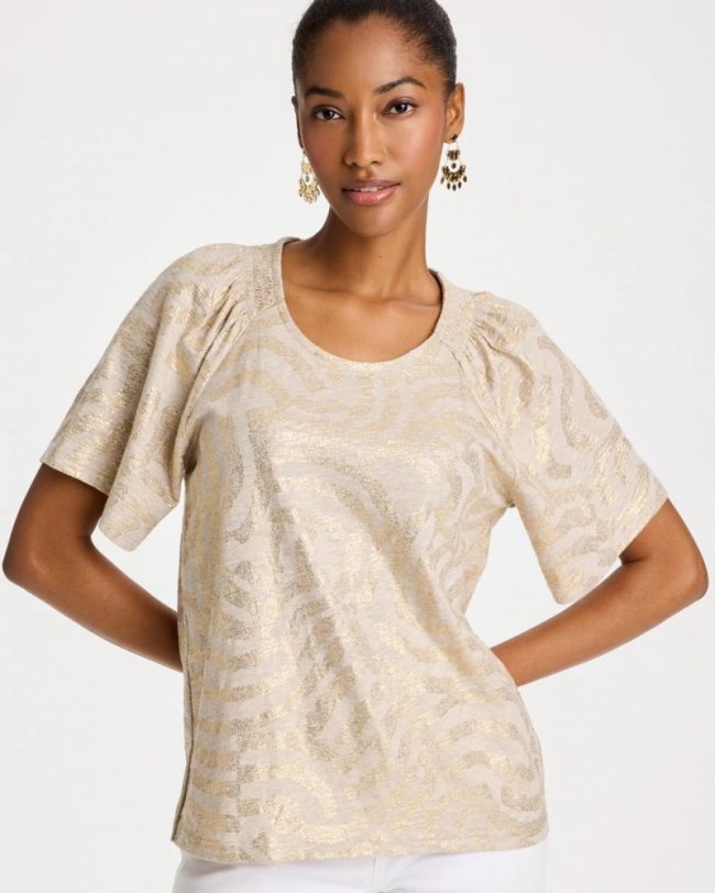 Chicos Cotton Foiled Shirred Tee - SMOKEY TAUPE