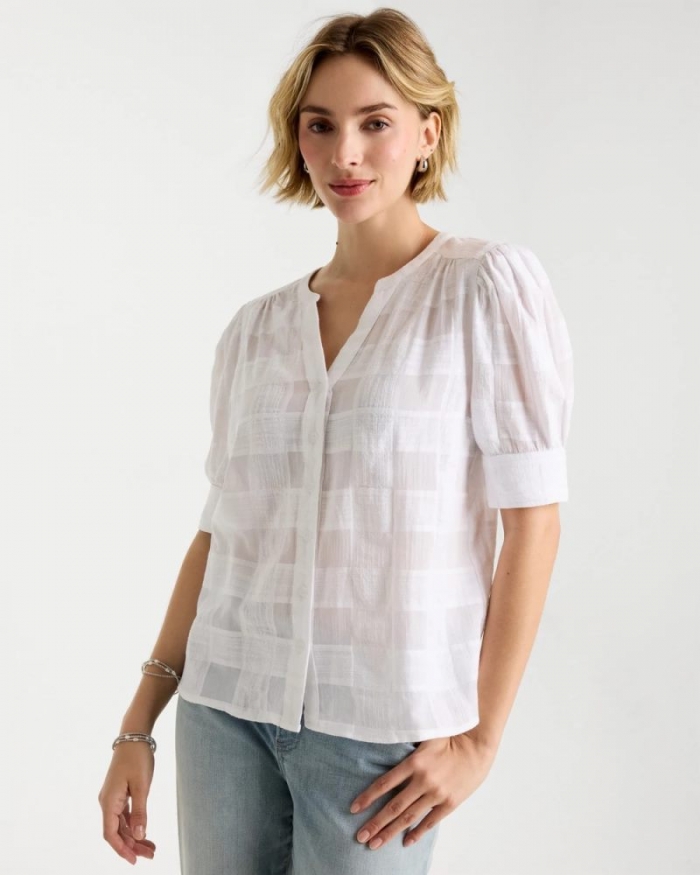 Chicos Cotton Plaid Elbow-Sleeve Shirt - ALABASTER