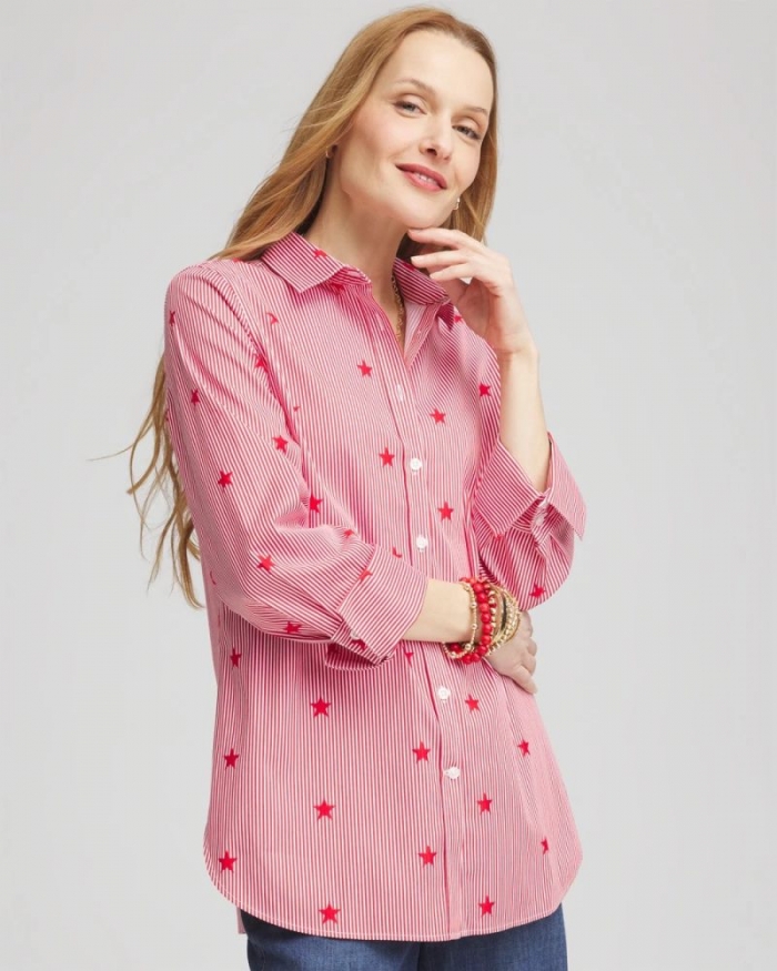 Chicos No Iron Stars & StripesSateen Shirt - RED GLOW
