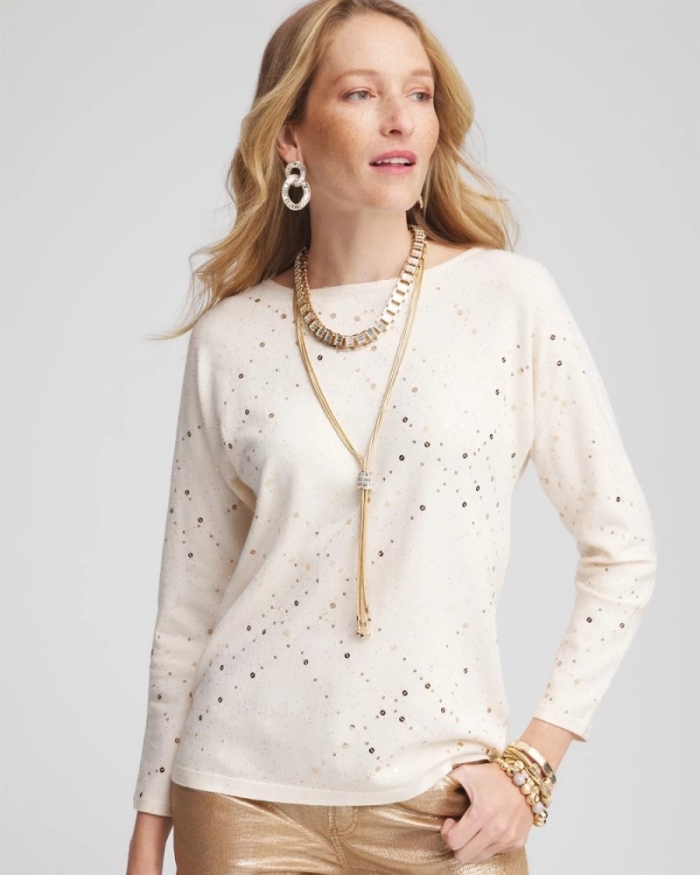 Chicos Scattered Sequin Pullover Sweater - ENGLISH CREAM