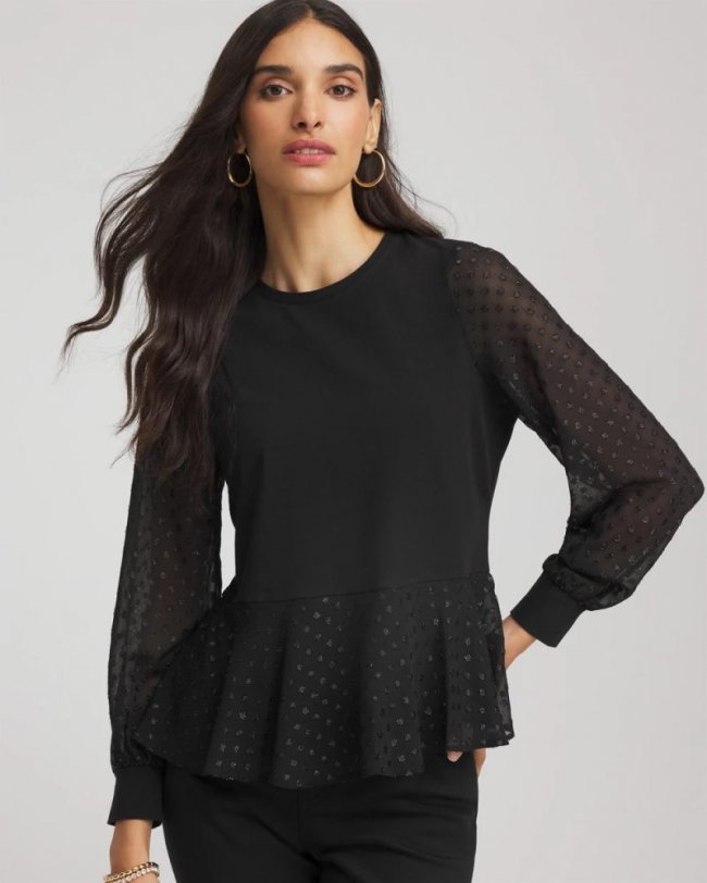Chicos Clip-Dot Peplum Top - BLACK