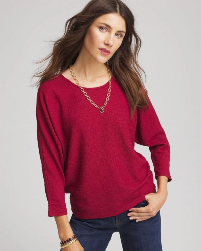 Chicos Textured Tapered-Hem Top - RUSSET RED