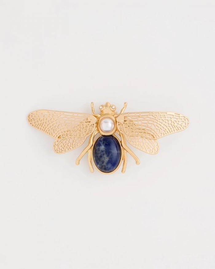 Chicos Sodalite Stone Pearl Bee Brooch - BLUE