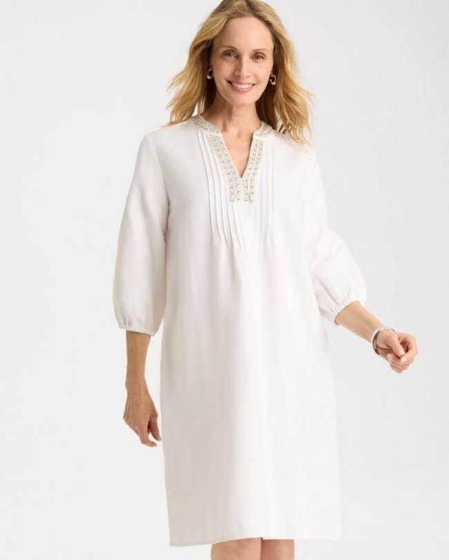 Chicos Embellished Pintuck Dress - ALABASTER