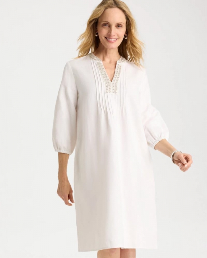 Chicos Embellished Pintuck Dress - ALABASTER