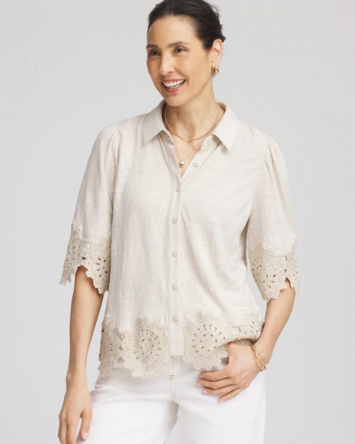 Chicos Crochet Trim Linen Shirt - RIVER ROCK