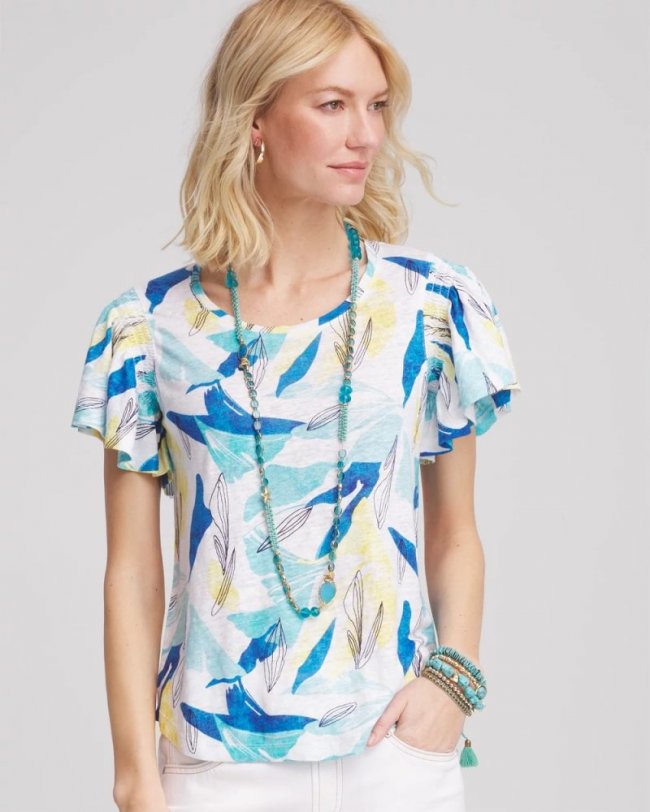 Chicos Linen Smocked Flutter-Sleeved Tee - ALABASTER