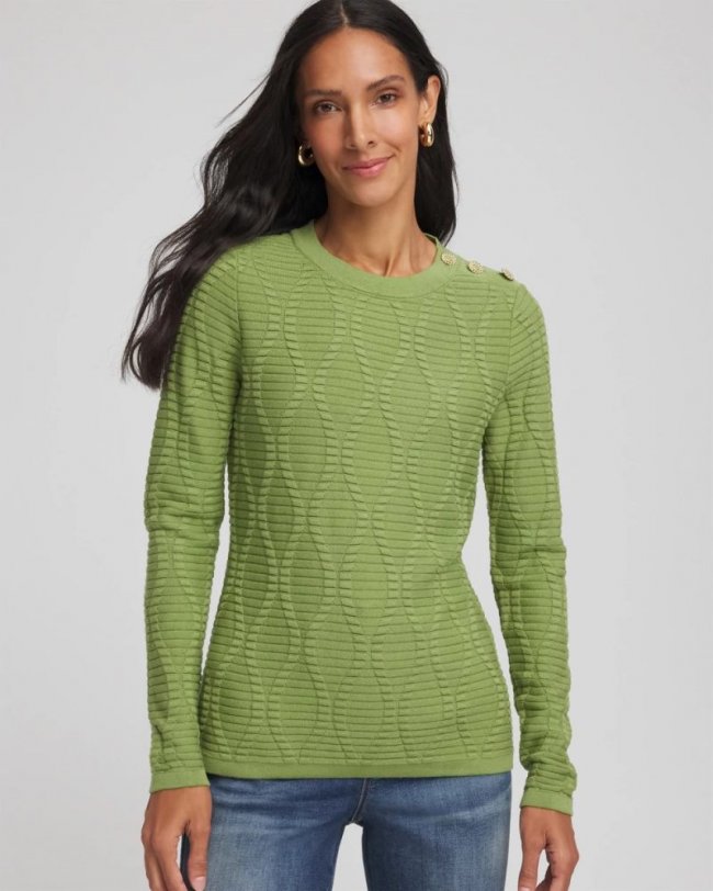 Chicos Button Shoulder Crewneck Pullover - GREEN FIG