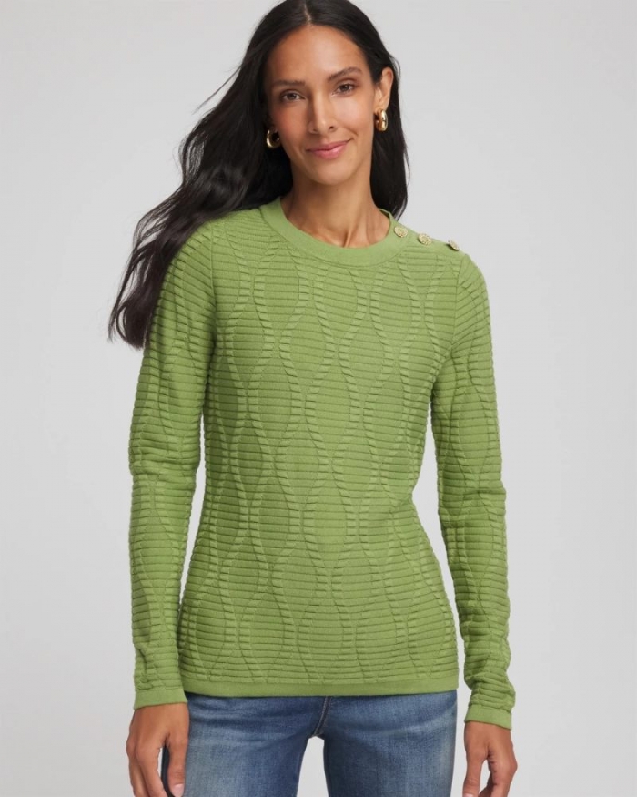 Chicos Button Shoulder Crewneck Pullover - GREEN FIG