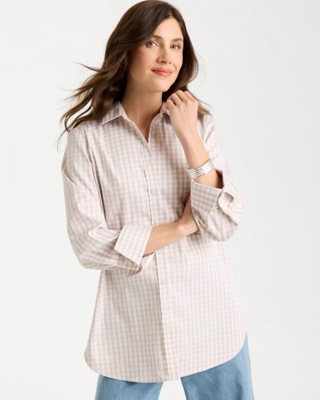 Chicos No Iron Stretch Neutral Gingham Shirt - SMOKEY TAUPE