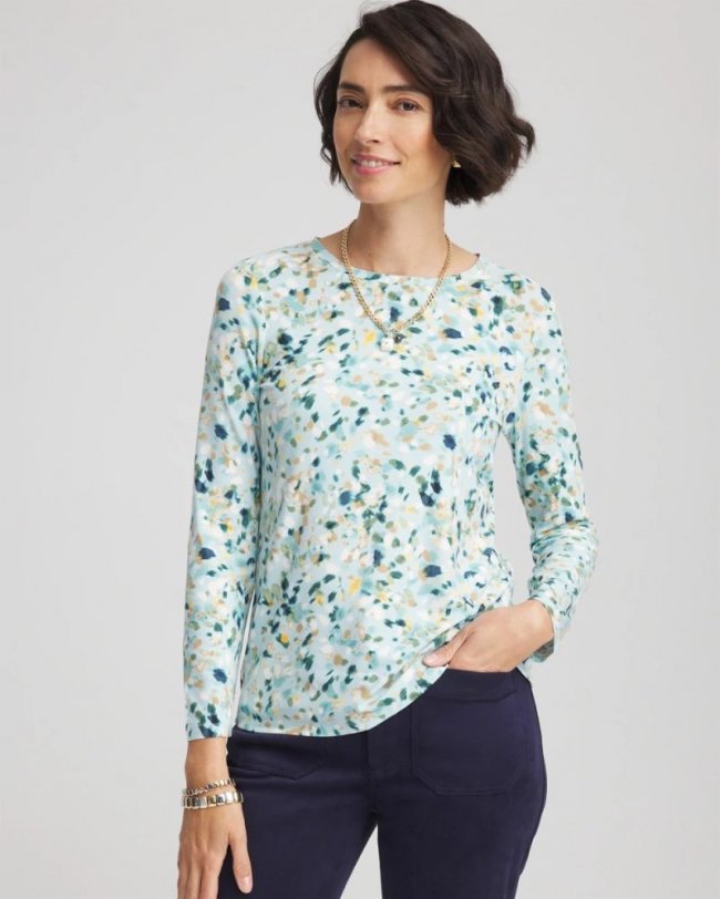 Chicos Printed Touch of Cool™ Layering Tee - BLUE MENTHE