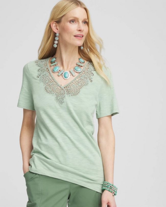 Chicos Lace V-Neck Slub Tee - MOROCCAN MINT