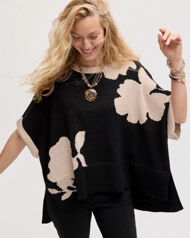 Chicos Kansai Bloom Intarsia Poncho - BLACK