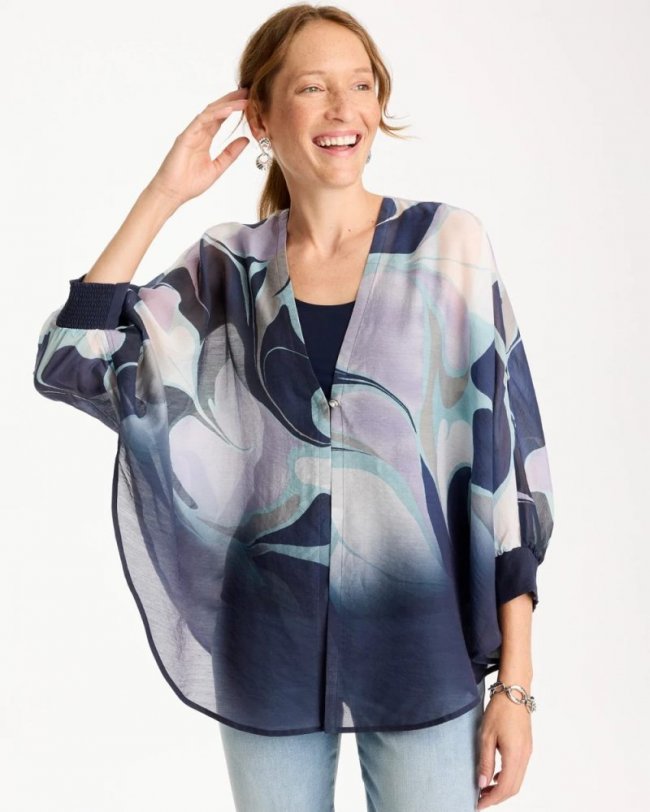 Chicos Woven Printed Cocoon Ruana - PASSPORT BLUE